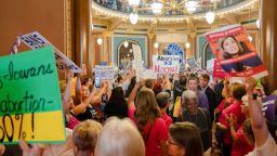 Protestors fill the Iowa State Capitol rotunda, as the Iowa Legislature convenes for special session to pass 6-week 'fetal heartbeat' abortion ban Tuesday, July 11, 2023. 