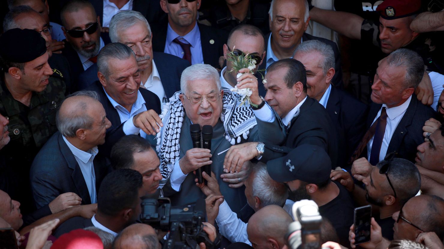 Palestinian President Mahmoud Abbas addresses the crowd during his visit to Jenin Refugee Camp, in the West Bank on Wednesday.