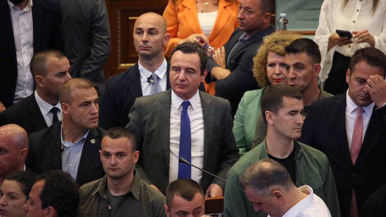 Fight breaks out between the opposition and ruling parliament members while Kosovan Prime Minister Albin Kurti was giving a speech.