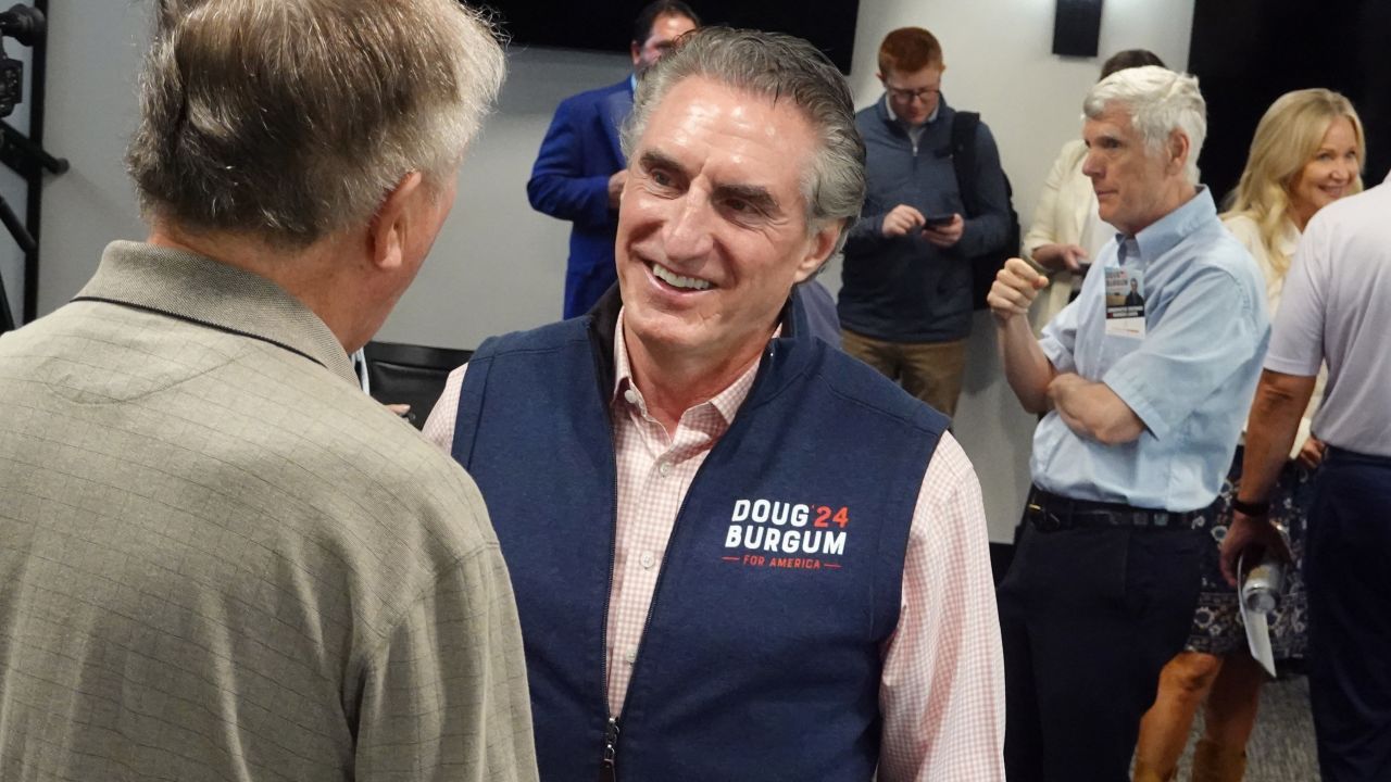 North Dakota Gov. Doug Burgum speaks to guests during a campaign stop at the Westside Conservative Breakfast Club meeting on June 9, 2023, in Ankeny, Iowa.
