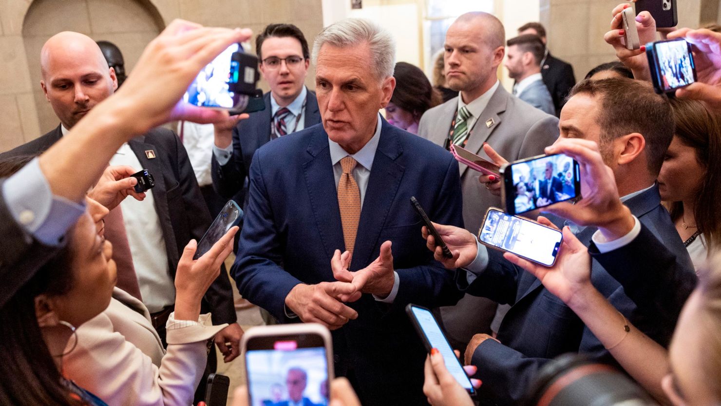 House Speaker Kevin McCarthy speaks to reporters as he returns from a House Republican caucus meeting at the Capitol on May 23, 2023, in Washington, DC.