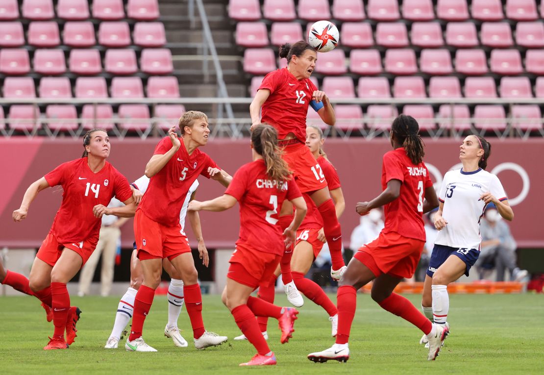 KASHIMA, JAPAN - AUGUST 02: Christine Sinclair #12 of Team Canada wins a header during the Women's Semi-Final match between USA and Canada on day ten of the Tokyo Olympic Games at Kashima Stadium on August 02, 2021 in Kashima, Ibaraki, Japan. (Photo by Atsushi Tomura/Getty Images)