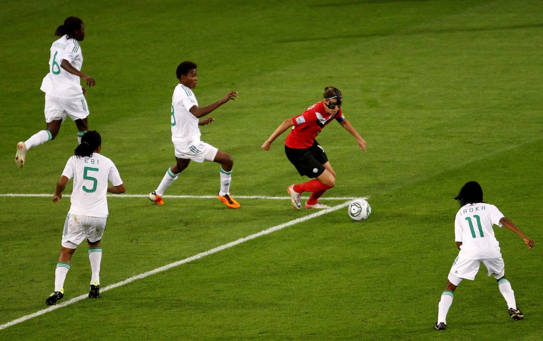 DRESDEN, GERMANY - JULY 05: Christine Sinclair of Canada in action during the FIFA Women's World Cup 2011 Group A match between Canada and Nigeria at the Rudolf-Harbig Stadium on July 5, 2011 in Dresden, Germany. (Photo by Scott Heavey/Getty Images)