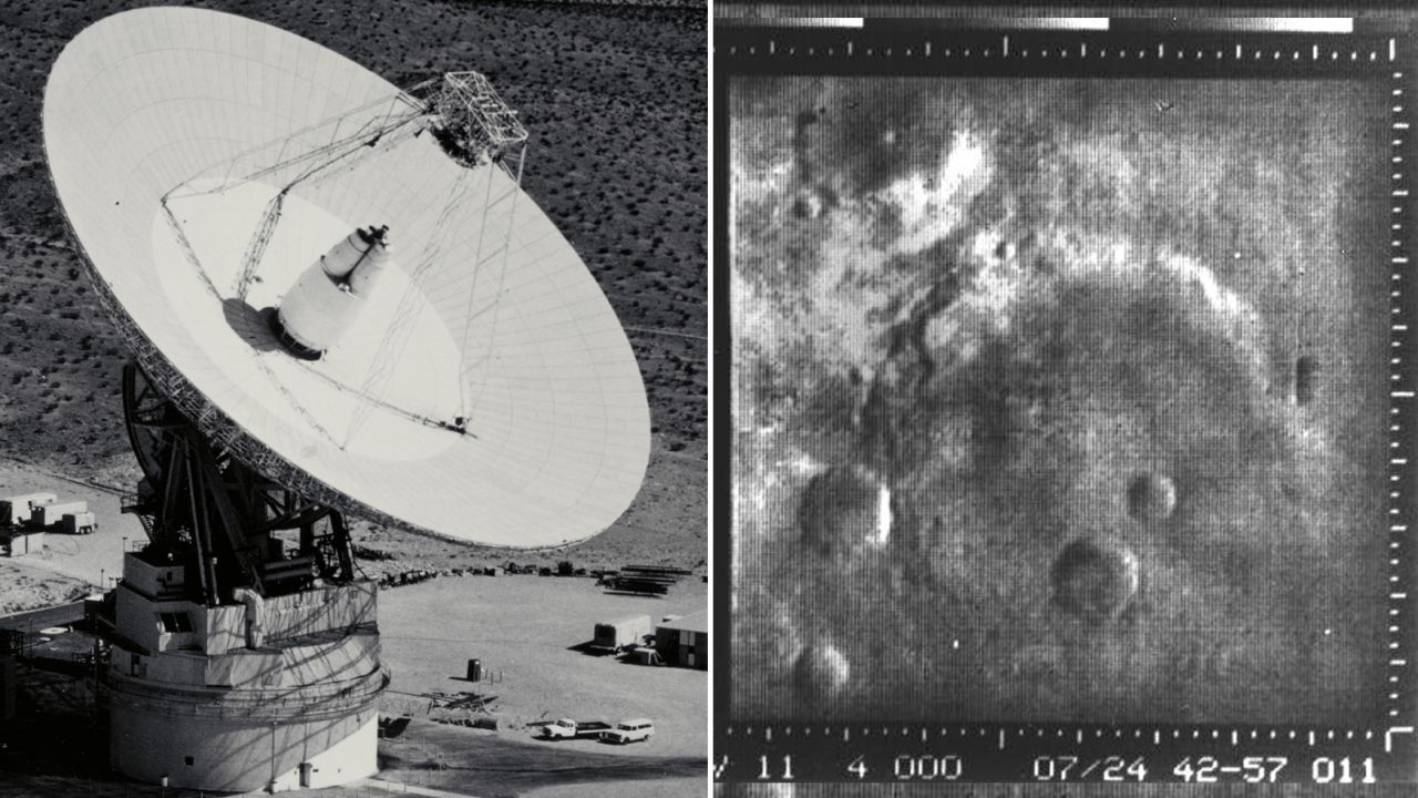 The 64-meter antenna (left) in Goldstone, California, received the signals from Mariner 4. The highest-resolution Mariner 4 image (right) revealed the cratered Martian surface from 7,830 miles (12,601 kilometers) above.