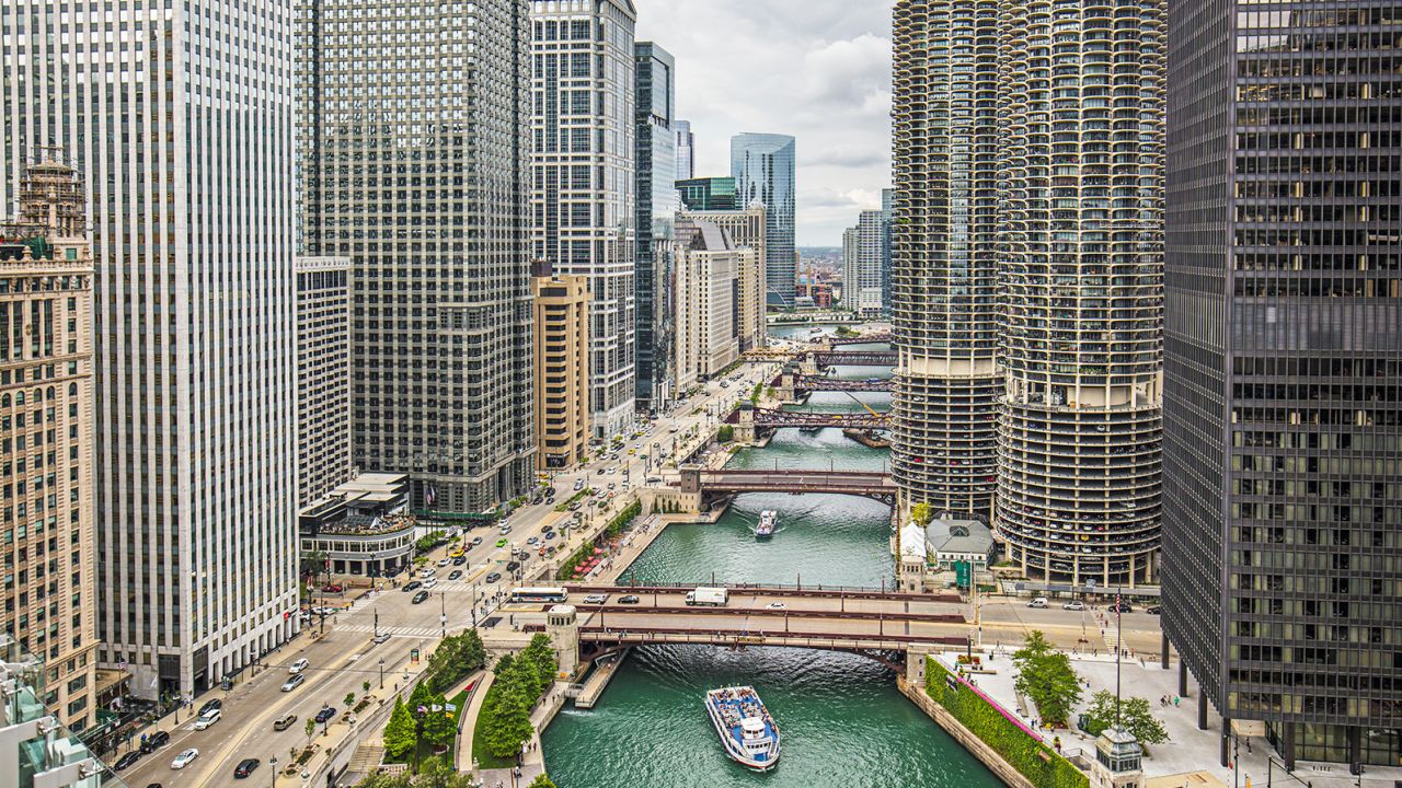 Aerial view of Downtown Chicago River.