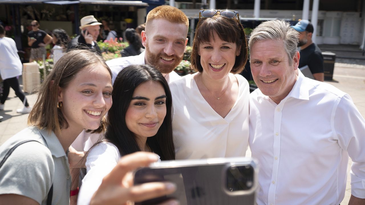 Labour leader Sir Keir Starmer (far right) and Shadow chancellor Rachel Reeves (right) on a campaign visit with Danny Beales, the local Labour candidate (back center).