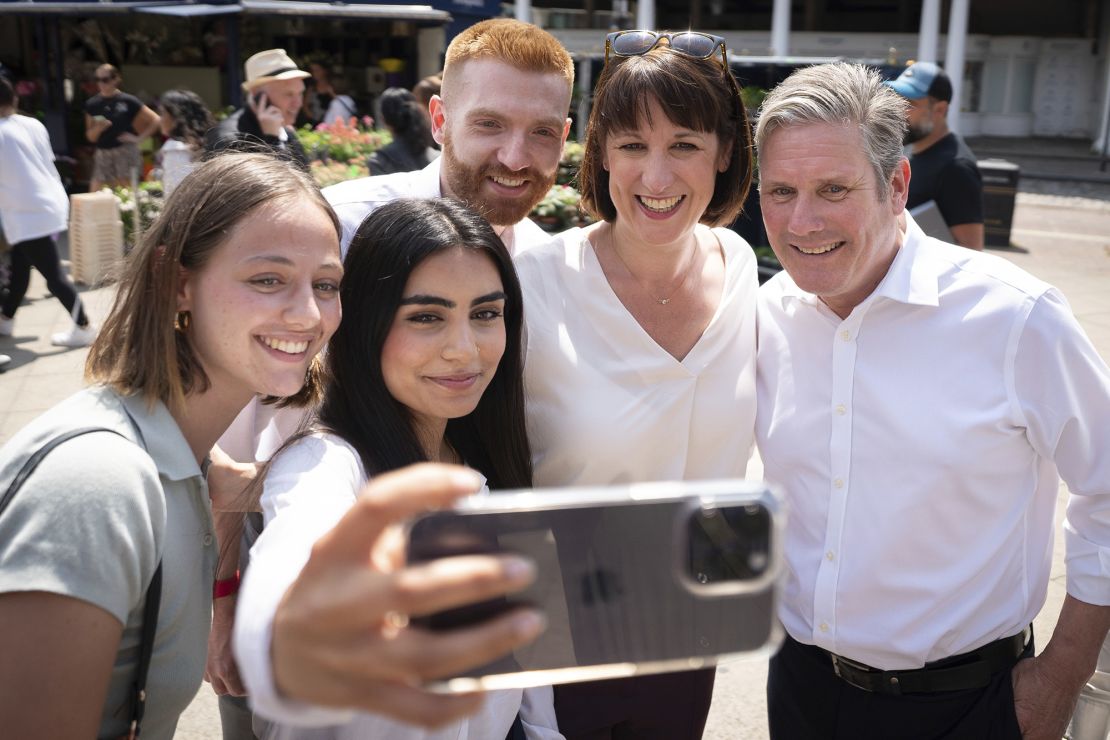 Labour leader Sir Keir Starmer (far right) and Shadow chancellor Rachel Reeves (right) on a campaign visit with Danny Beales, the local Labour candidate (back center).