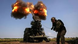 A Ukrainian serviceman of the 57th Kost Hordiienko Separate Motorised Infantry Brigade fires a 2S22 Bohdana self-propelled howitzer towards Russian troops, amid Russia's attack on Ukraine, at a position near the city of Bakhmut in Donetsk region, Ukraine July 5, 2023. 
