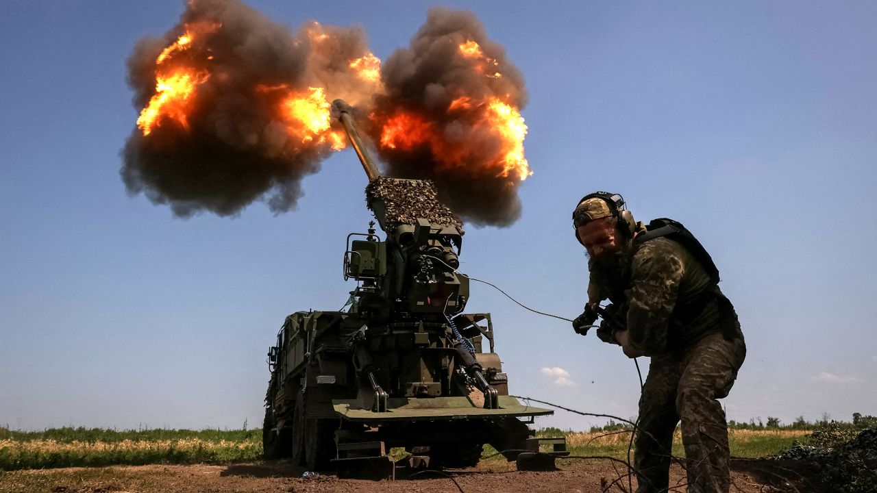 A Ukrainian serviceman fires toward Russian troops at a position near the city of Bakhmut in the Donetsk region of Ukraine on July 5.