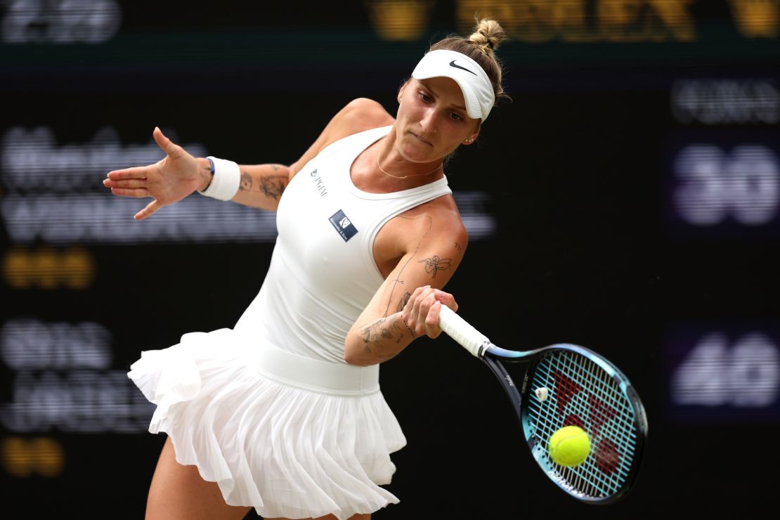 Marketa Vondrousova of Czech Republic plays a forehand during the Women's Singles Final against Ons Jabeur of Tunisia on day thirteen of The Championships Wimbledon 2023 at All England Lawn Tennis and Croquet Club on July 15, 2023 in London, England.