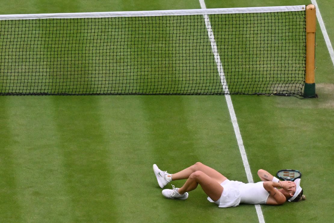 Czech Republic's Marketa Vondrousova celebrates winning against Tunisia's Ons Jabeur during their women's singles final tennis match on the thirteenth day of the 2023 Wimbledon Championships at The All England Lawn Tennis Club in Wimbledon, southwest London, on July 15, 2023.