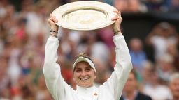 Marketa Vondrousova of Czech Republic lifts the Women's Singles Trophy as she celebrates victory following the Women's Singles Final against Ons Jabeur of Tunisia on day thirteen of The Championships Wimbledon 2023 at All England Lawn Tennis and Croquet Club on July 15, 2023 in London, England. 