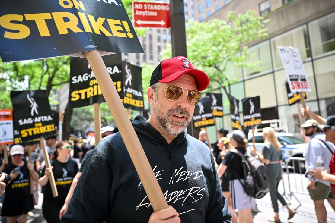 NEW YORK, NEW YORK - JULY 14: Jason Sudeikis joins members of the Writers Guild of America East and SAG-AFTRA as they walk the picket line outside NBC Rockefeller Center on July 14, 2023 in New York City. (Photo by Alexi Rosenfeld/Getty Images)