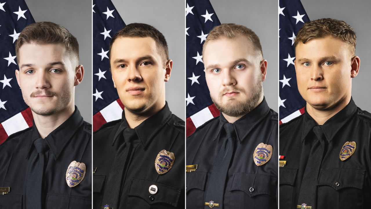 Fargo Police Officers, from left, Jake Wallin, Andrew Dotas, Tyler Hawes and Zach Robinson. Officer Wallin was killed in a shooting Friday, July 14, and Officers Dotas and Hawes sustained gunshot wounds.