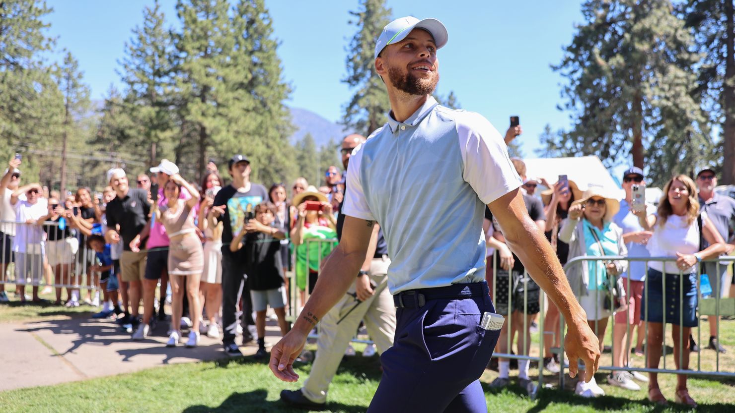 Stephen Curry of the NBA Golden State Warriors walks to the 18th hole on Day Two of the 2023 American Century Championship at Edgewood Tahoe Golf Course on July 15, 2023 in Stateline, Nevada.