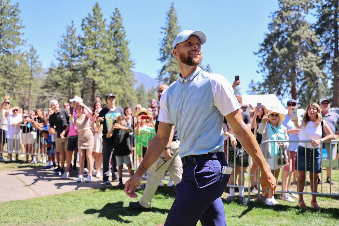 Stephen Curry of the NBA Golden State Warriors walks to the 18th hole on Day Two of the 2023 American Century Championship at Edgewood Tahoe Golf Course on July 15, 2023 in Stateline, Nevada.