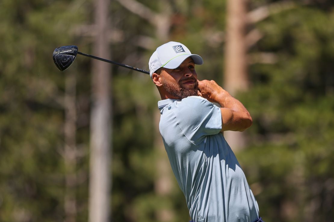 Stephen Curry of the NBA Golden State Warriors hits his tee on the 18th hole on Day Two of the 2023 American Century Championship at Edgewood Tahoe Golf Course on July 15, 2023 in Stateline, Nevada.