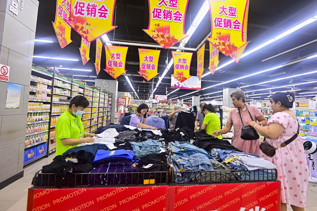 Customers shop at a supermarket in Qingzhou,  Shandong province on July 10, 2023. Consumer spending hasn't been strong enough to lift the economy.