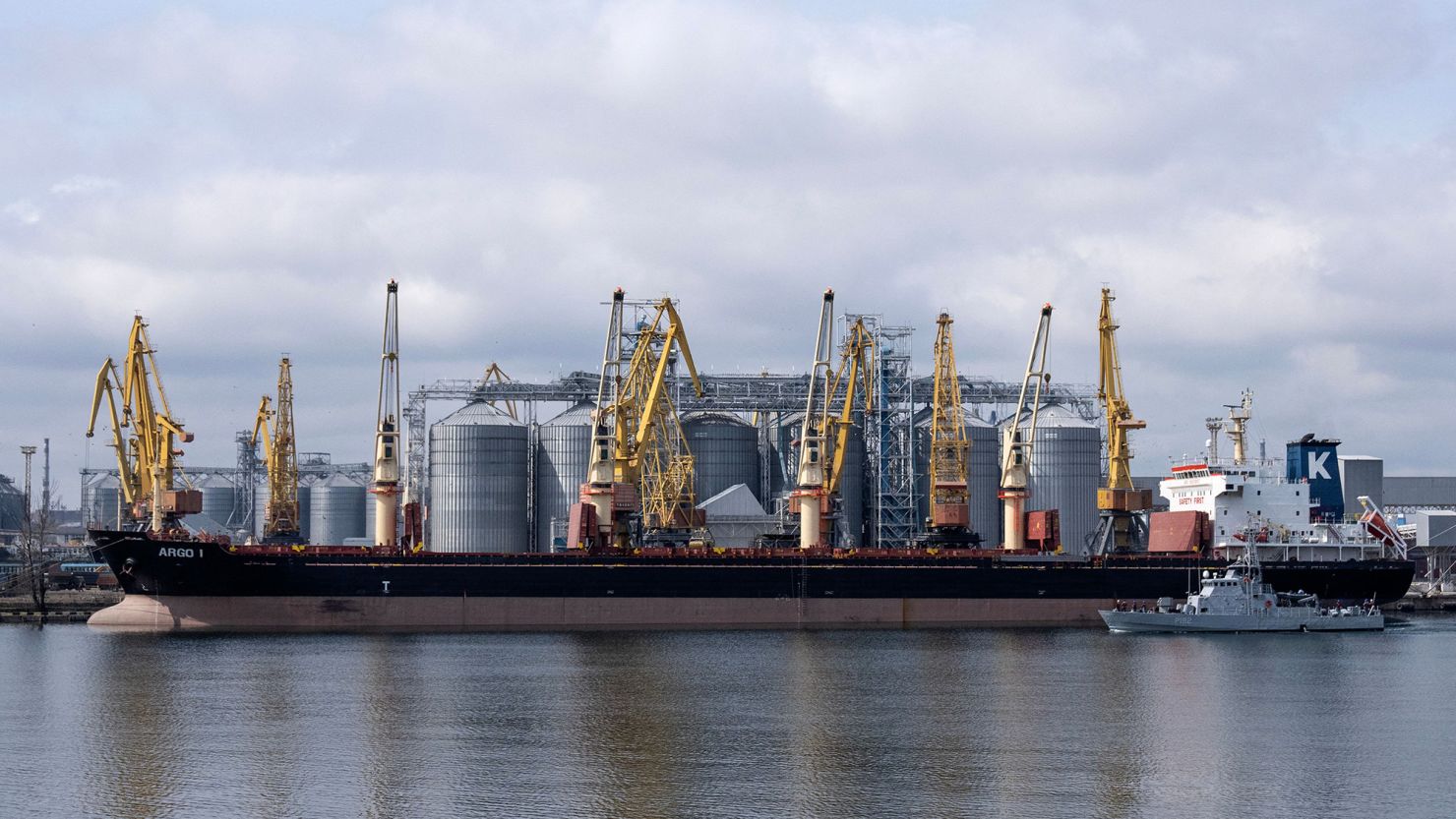 Bulk carrier ARGO I is docked at the grain terminal of the port of Odessa, Ukraine, on April 10, 2023, from where Ukraine ships wheat according to the grain agreement the country has had with Russia. 