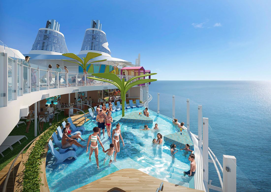 <strong>Biggest water park at sea:</strong> The artist's impression depicts the fully laden ship in vibrant colors, emphasizing its massive water park. 