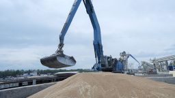 FILE - An excavator loads grain into a cargo ship at a grain port in Izmail, Ukraine, on April 26, 2023. Russia has suspended on Monday July 17, 2023 a wartime deal brokered by the U.N. and Turkey that was designed to move food from Ukraine to parts of the world where millions are going hungry. 