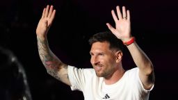 FORT LAUDERDALE, FLORIDA - JULY 16: Lionel Messi waves to fans as he is introduced during "The Unveil" introducing Lionel Messi hosted by Inter Miami CF at DRV PNK Stadium on July 16, 2023 in Fort Lauderdale, Florida. (Photo by Mike Ehrmann/Getty Images)