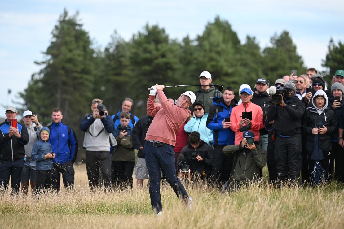 NORTH BERWICK, SCOTLAND - JULY 16: Robert MacIntyre of Scotland plays his second shot on the 18th hole during Day Four of the Genesis Scottish Open at The Renaissance Club on July 16, 2023 in United Kingdom. (Photo by Octavio Passos/Getty Images)