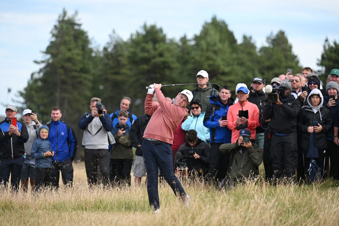 NORTH BERWICK, SCOTLAND - JULY 16: Robert MacIntyre of Scotland plays his second shot on the 18th hole during Day Four of the Genesis Scottish Open at The Renaissance Club on July 16, 2023 in United Kingdom. (Photo by Octavio Passos/Getty Images)