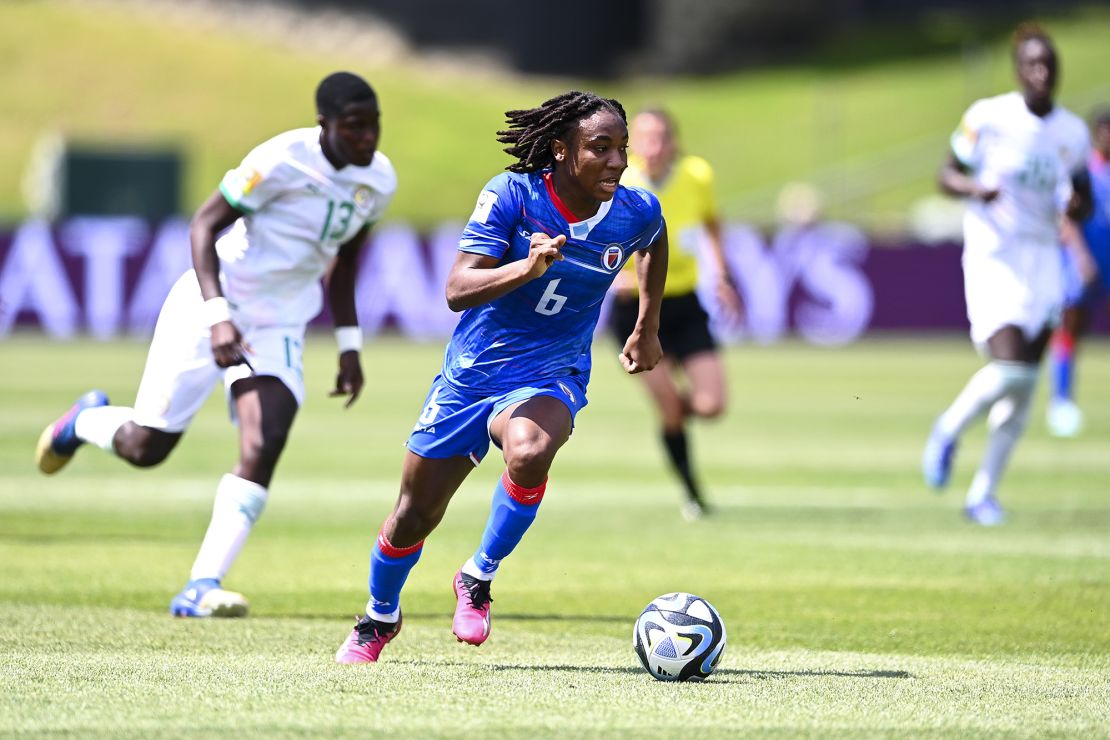 AUCKLAND, NEW ZEALAND - FEBRUARY 18: Melchie Dumornay of Haiti on attack during the 2023 FIFA Women's World Cup Play Off Tournament match between Senegal and Haiti at North Harbour Stadium on February 18, 2023 in Auckland, New Zealand. (Photo by Hannah Peters - FIFA/FIFA via Getty Images)