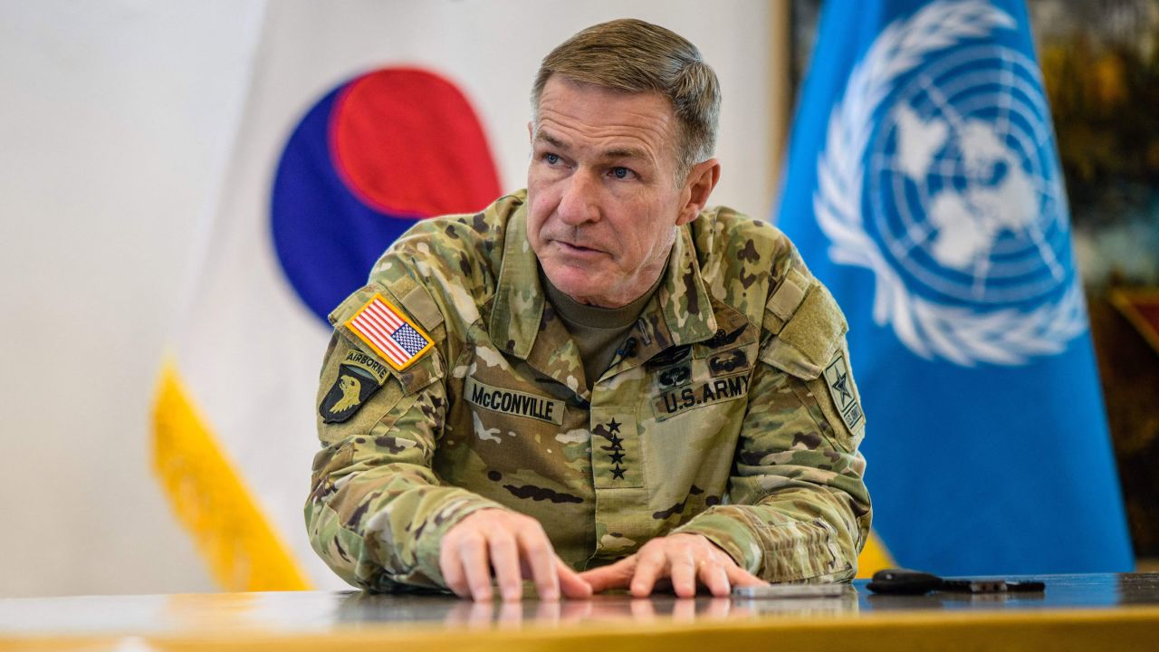 In this photo taken on May 9, 2023, US Army Chief of Staff General James McConville speaks during a press conference at Camp Bonifas in Paju, at the Demilitarized Zone (DMZ) separating North and South Korea.