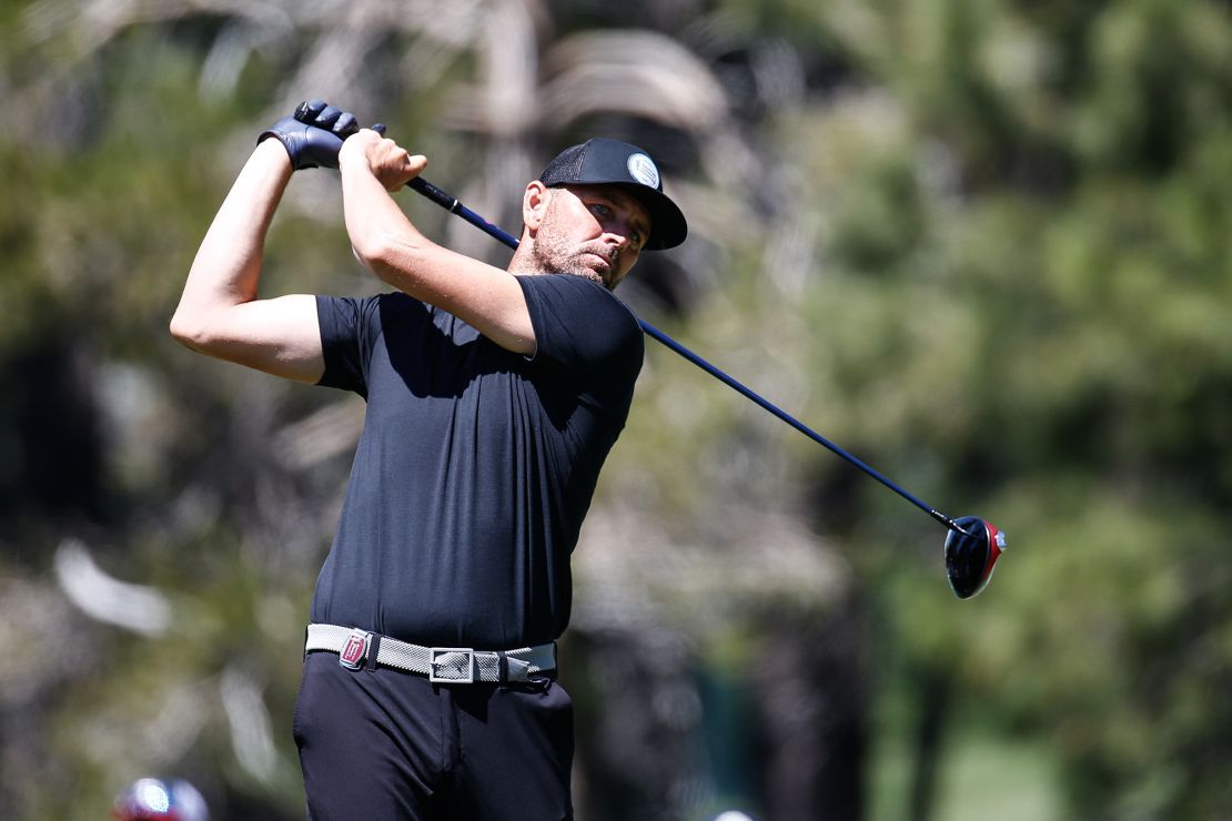 STATELINE, NEVADA - JULY 16: Mardy Fish, former tennis player, hits his tee on the 18th hole on Day Three of the 2023 American Century Championship at Edgewood Tahoe Golf Course on July 16, 2023 in Stateline, Nevada. (Photo by Isaiah Vazquez/Getty Images)