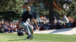 STATELINE, NEVADA - JULY 16: Stephen Curry of the NBA Golden State Warriors reacts after making the final putt to win the American Century Championship on Day Three of the 2023 American Century Championship at Edgewood Tahoe Golf Course on July 16, 2023 in Stateline, Nevada. (Photo by Isaiah Vazquez/Getty Images)