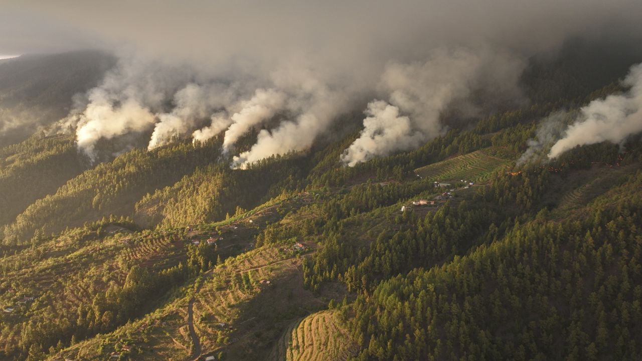 A view of smoke billowing from mountain of a raging wildfire in Tijarafe, on the Canary Island of La Palma, Spain July 16, 2023. EIRIF Handout/ Handout via REUTERS THIS IMAGE HAS BEEN SUPPLIED BY A THIRD PARTY. NO RESALES. NO ARCHIVES