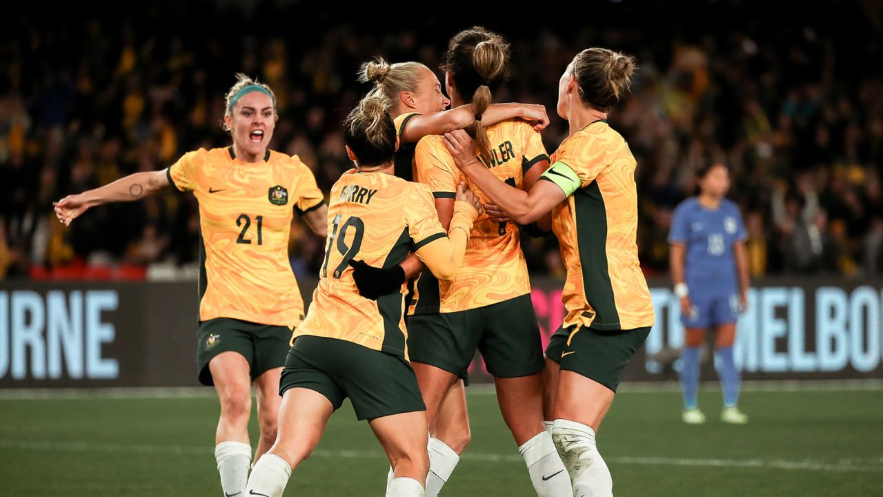 Mary Fowler of Australia celebrates after scoring her team's first goal during friendly against France at the Marvel Stadium on July 14, 2023 in Melbourne, Australia. 