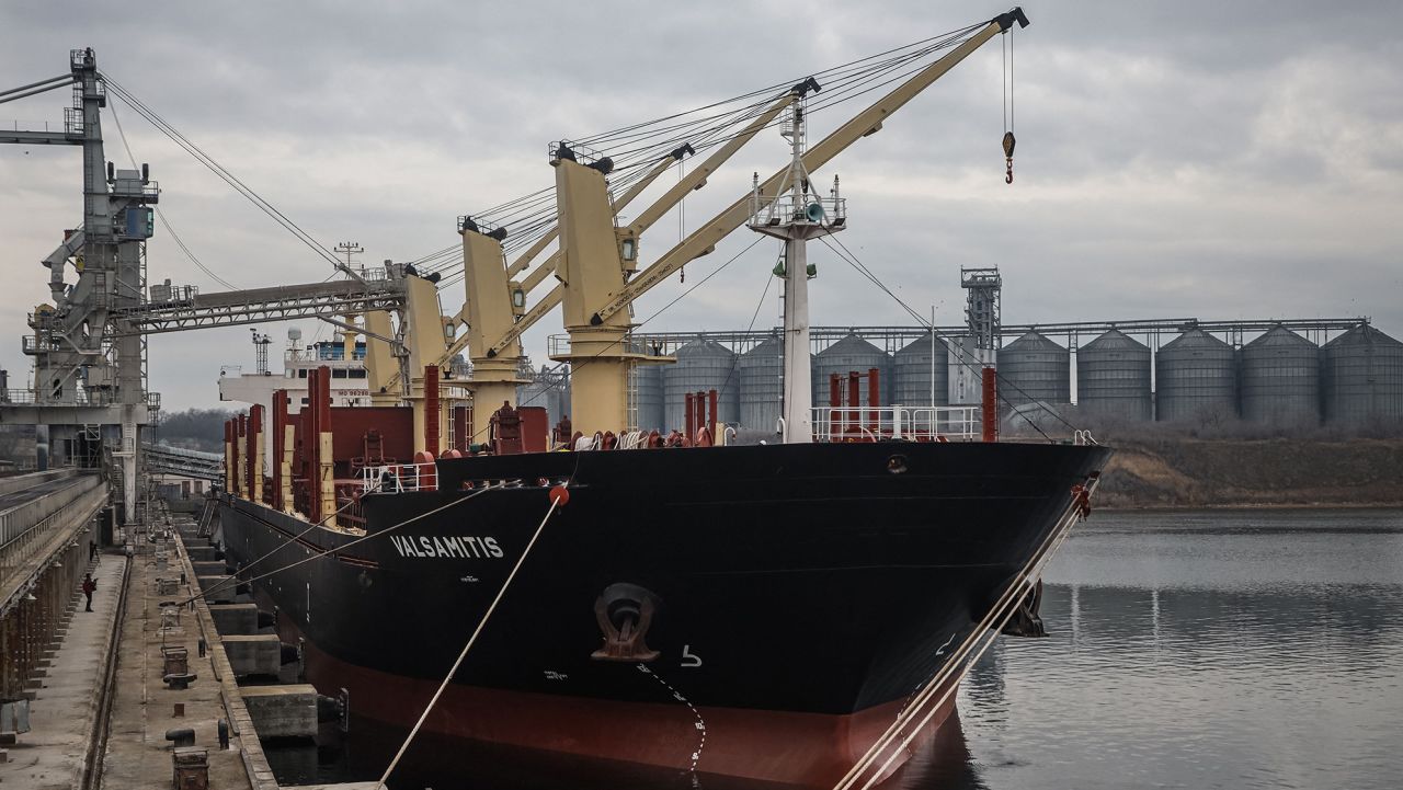 The UN-chartered vessel MV Valsamitis is loaded to deliver 25,000 tonnes of Ukrainian wheat to Kenya and 5,000 tonnes to Ethiopia, at the port of Chornomorsk, east of Odessa on the Black Sea coast, on February 18, 2023, amid the Russian invasion of Ukraine. (Photo by OLEKSANDR GIMANOV / AFP) (Photo by OLEKSANDR GIMANOV/AFP via Getty Images)