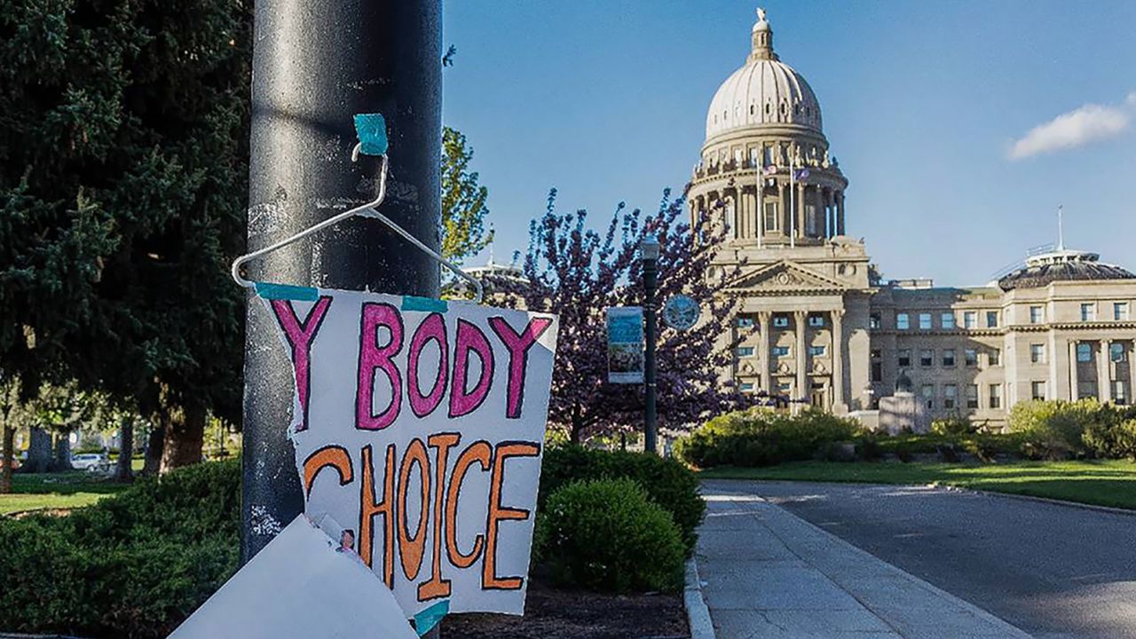 A sign taped to a hanger hangs near the Idaho Capitol in Boise after protests against the state's new abortion laws, which effectively banned the procedure.
