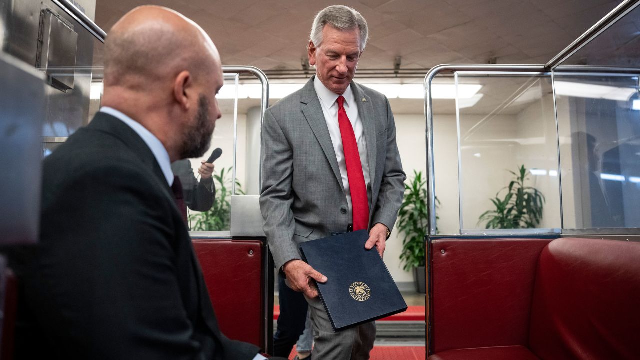 Republican Sen. Tommy Tuberville of Alabama gets into a Senate subway car after speaking to reporters at the US Capitol July 10, 2023 in Washington, DC.