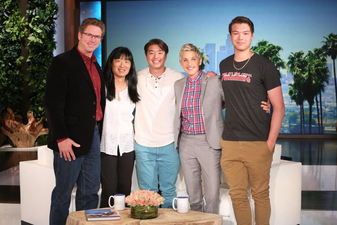 Bailar (center) poses with Ellen DeGeneres, his parents and his brother on the set of "The Ellen DeGeneres Show" in 2016.