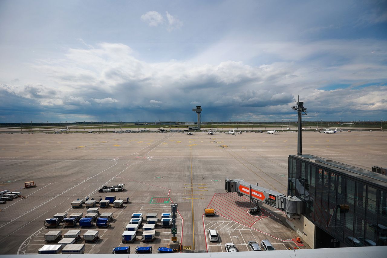 A near empty airport apron, during a one-day strike by security control staff, at Berlin Brandenburg airport in Berlin, Germany, on Monday, April 24, 2023. Berlin's main airport canceled all departing flights today amid another round of strikes by ground crew, underscoring ongoing labor tensions in Germany's travel sector as the crucial summer travel season looms into view. Photographer: Krisztian Bocsi/Bloomberg via Getty Images