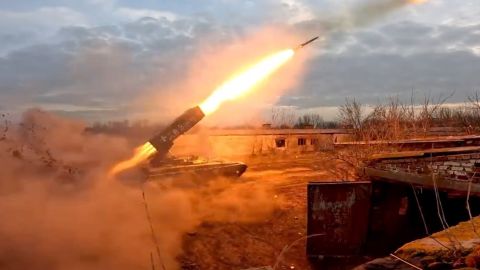 Ukrainian forces fire a TOS-1A Solntsepyok heavy thermobaric rocket launcher toward Russian positions near Kreminna, in the Luhansk region, on July 7, 2023.