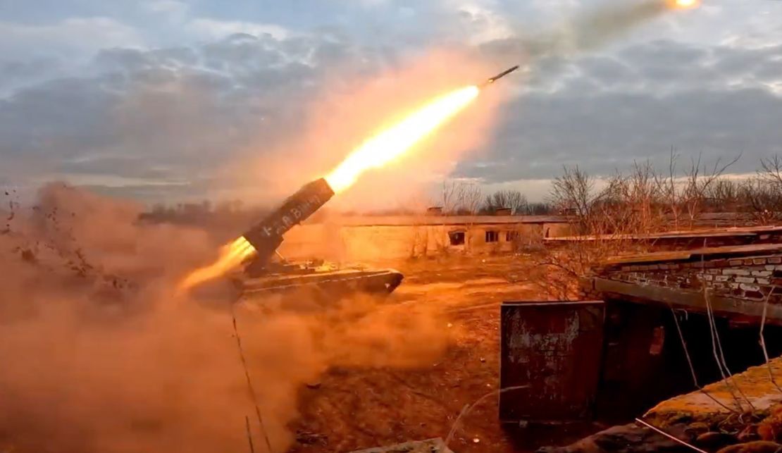 Ukrainian forces fire a TOS-1A Solntsepyok heavy thermobaric rocket launcher toward Russian positions near Kreminna, in the Luhansk region, on July 7, 2023.