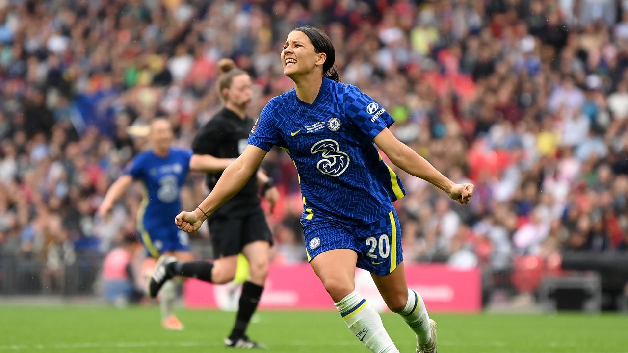LONDON, ENGLAND - MAY 15: Sam Kerr of Chelsea celebrates after scoring their team's third goal during the Vitality Women's FA Cup Final match between Chelsea Women and Manchester City Women at Wembley Stadium on May 15, 2022 in London, England. (Photo by Michael Regan/Getty Images)