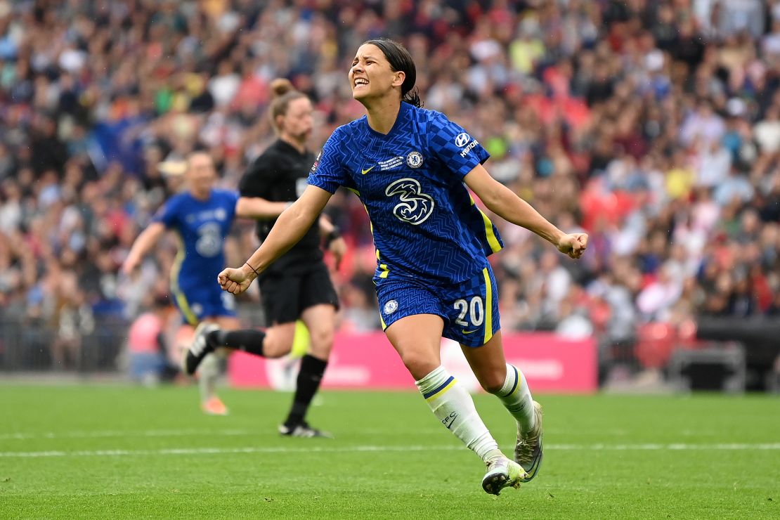 LONDON, ENGLAND - MAY 15: Sam Kerr of Chelsea celebrates after scoring their team's third goal during the Vitality Women's FA Cup Final match between Chelsea Women and Manchester City Women at Wembley Stadium on May 15, 2022 in London, England. (Photo by Michael Regan/Getty Images)