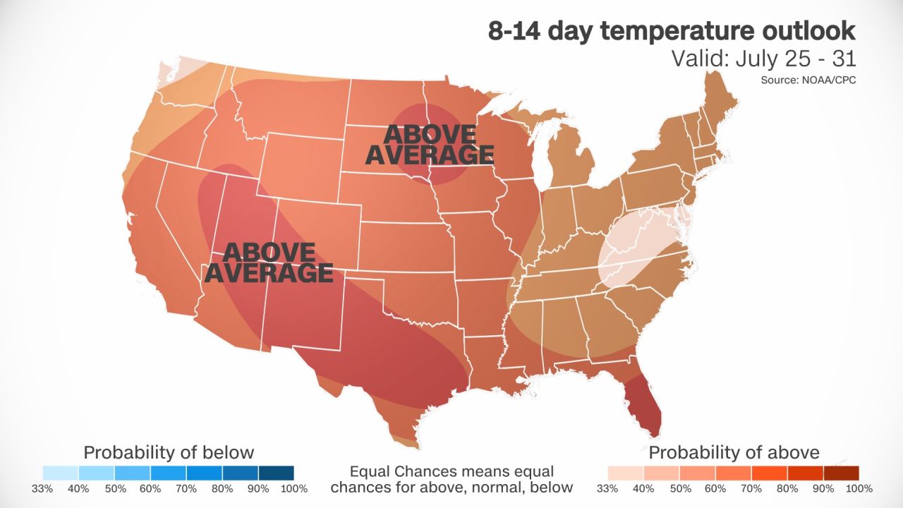 This graphic shows which areas should continue to experience heat through the rest of July.