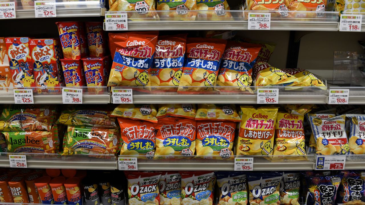 Bags of Calbee chips at a supermarket in Tokyo in July 2021. 