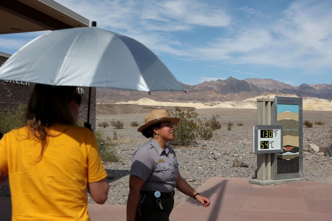A digital display of an unofficial heat reading at Furnace Creek Visitor Center during a heat wave in Death Valley National Park, California, on July 16.