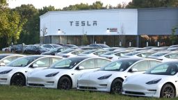 Smithtown, N.Y.: New Tesla electric vehicles fill the car lot at the Tesla retail location on Route 347 in Smithtown, New York on July 5, 2023. This location is one of five Tesla-owned centers throughout the state. (Photo by John Paraskevas/Newsday RM via Getty Images)