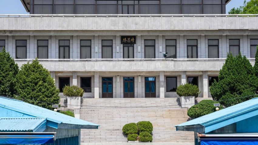 In this photo taken on May 9, 2023, a general view shows North Korea's Panmon Hall (back) from the truce village of Panmunjom in the Joint Security Area (JSA) of the Demilitarized Zone (DMZ) separating North and South Korea, South Korea and Japan's efforts to improve their once-strained relationship and boost military ties are key to countering North Korea, America's top general said. (Photo by Anthony WALLACE / AFP) (Photo by ANTHONY WALLACE/AFP via Getty Images)