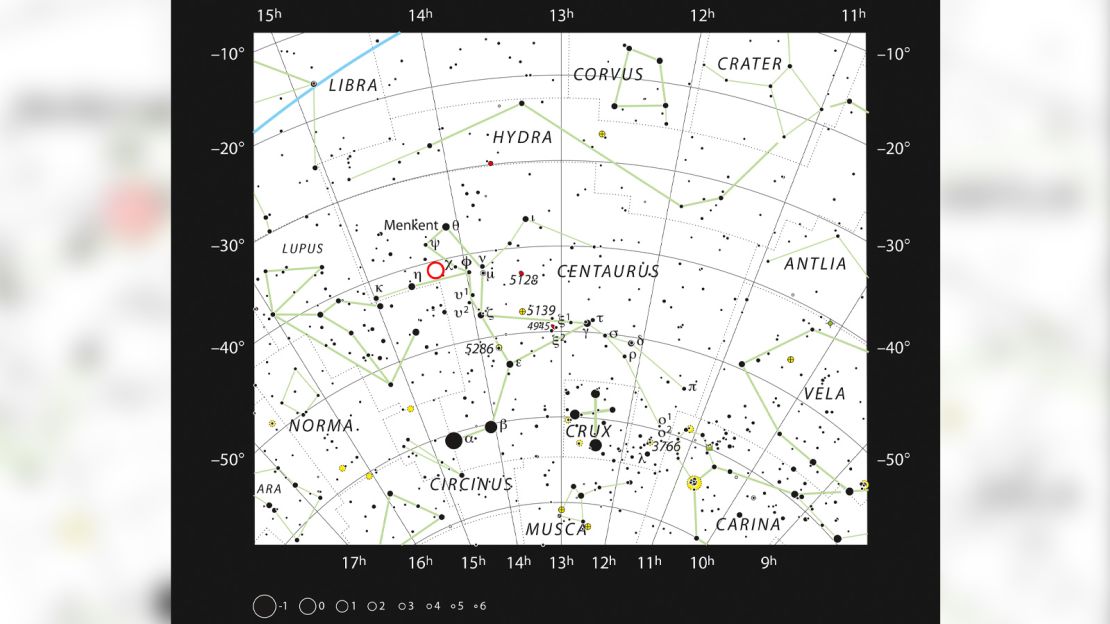 This chart shows the southern constellation of Centaurus and marks most of the stars visible to the unaided eye on a clear dark night. ?The dwarf star PDS 70 is marked with a red circle.