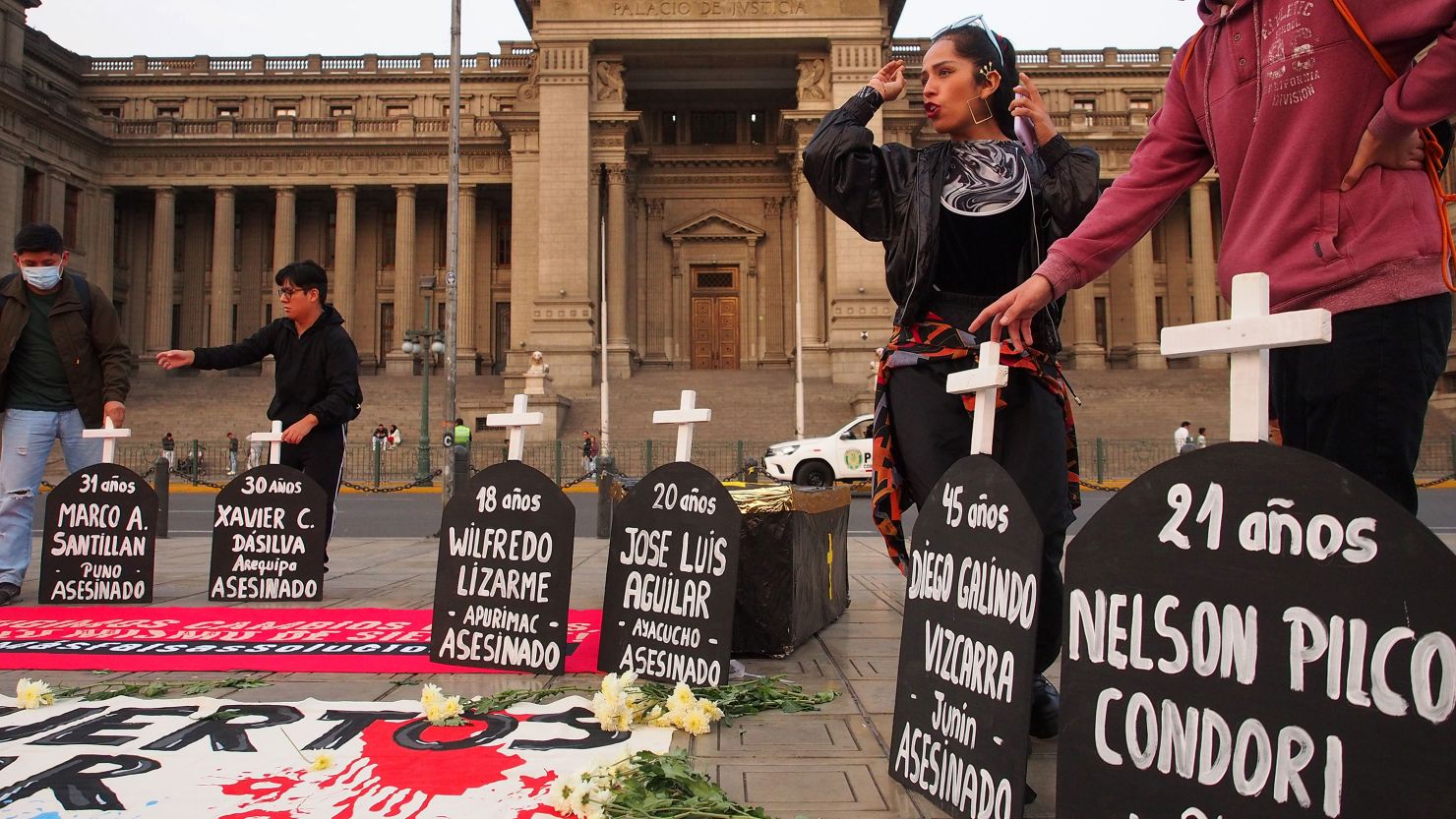 Tombstones with the names of people killed in past protests, shown at a vigil as before Peru's planned July 19 national march.